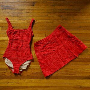 "gottex" VTG 90s swim textured one-piece square neck w/ matching coverup skirt